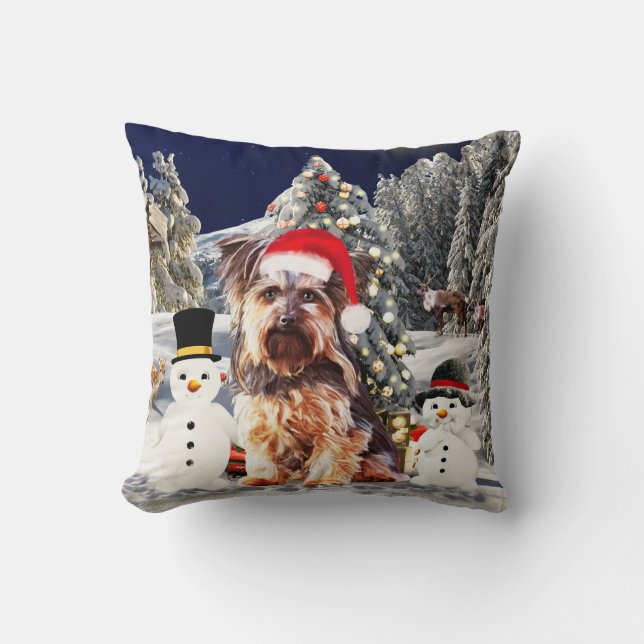 Yorkshire Terrier Dog with Christmas Santa Hat Cushion (Front)