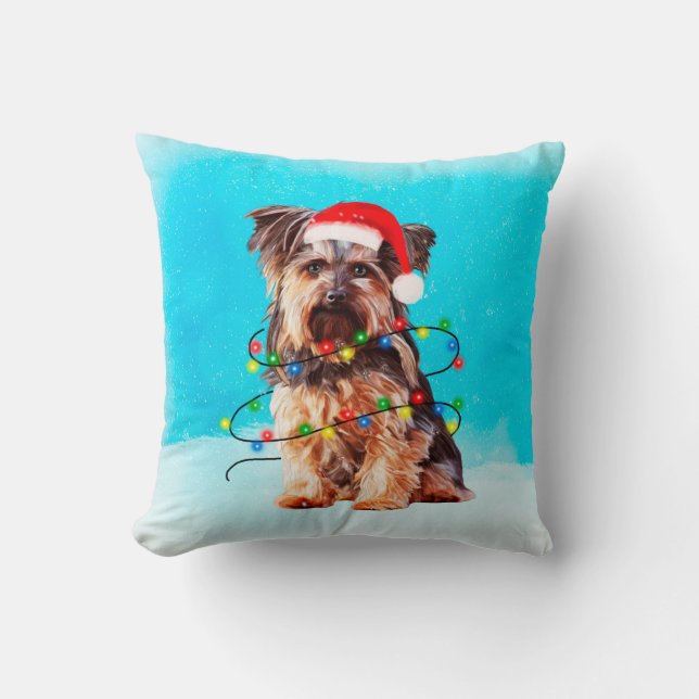 Yorkshire Terrier Dog with Christmas Santa Hat Cushion (Front)