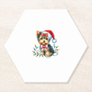 Yorkshire Terrier Dog With Coquette Bow Christmas Paper Coaster
