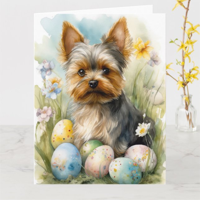 Yorkshire Terrier Dog With Easter Eggs Holiday  Card (Yellow Flower)