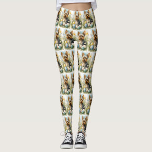 Yorkshire Terrier Dog With Easter Eggs Holiday Leggings