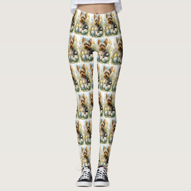 Yorkshire Terrier Dog With Easter Eggs Holiday  Leggings (Front)