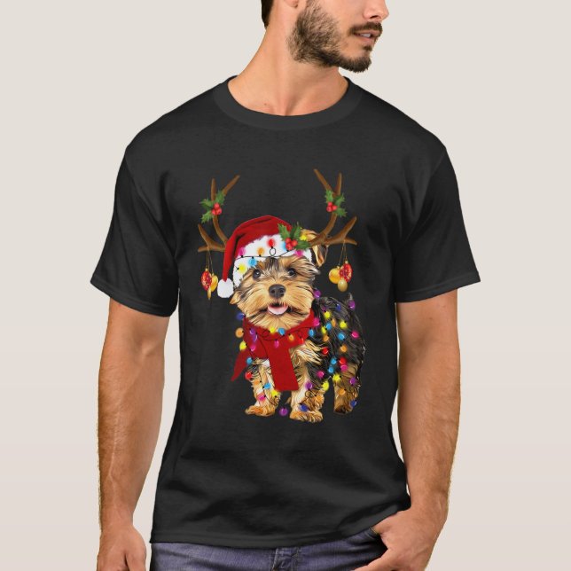 Yorkshire Terrier Dog With Reindeer Horn Funny Chr T-Shirt (Front)