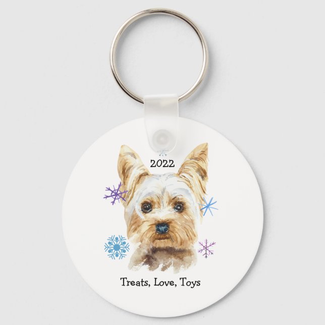 Yorkshire Terrier Dog with Snowflakes Watercolor Key Ring (Front)