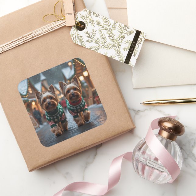 Yorkshire Terrier Dogs Christmas Snow Holiday  Square Sticker (Gifting)