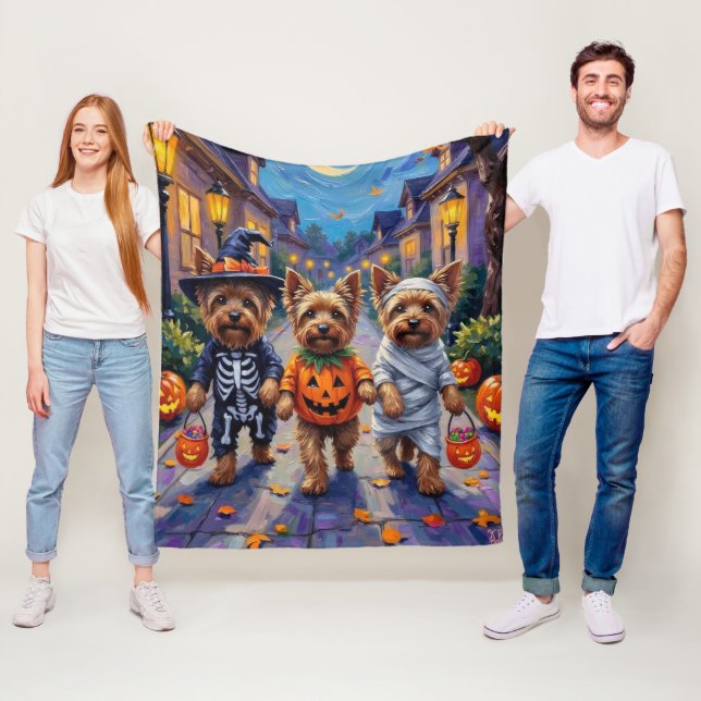 Yorkshire Terrier Dogs in Halloween Costumes Fleece Blanket (In Situ)