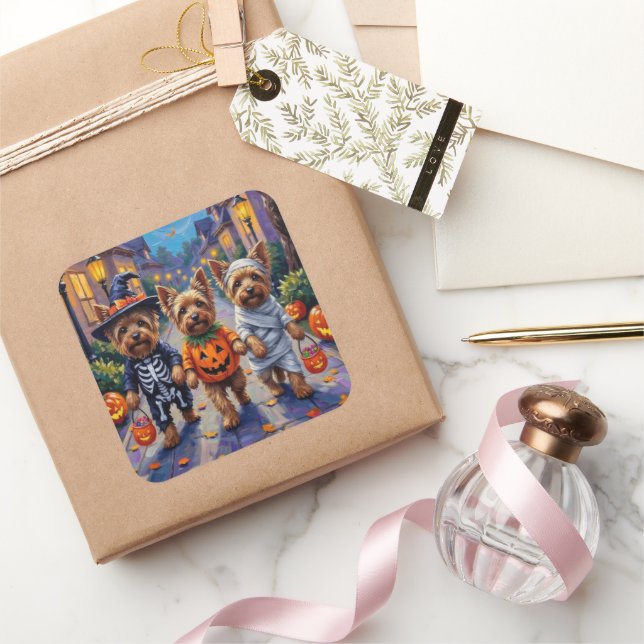 Yorkshire Terrier Dogs in Halloween Costumes Square Sticker (Gifting)