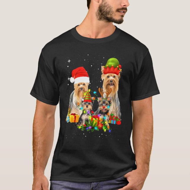 Yorkshire Terrier Family Christmas Lights T-Shirt (Front)