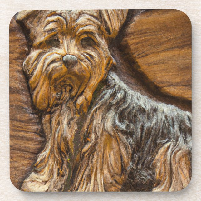Yorkshire Terrier Faux Wood Carving Coaster (Front)