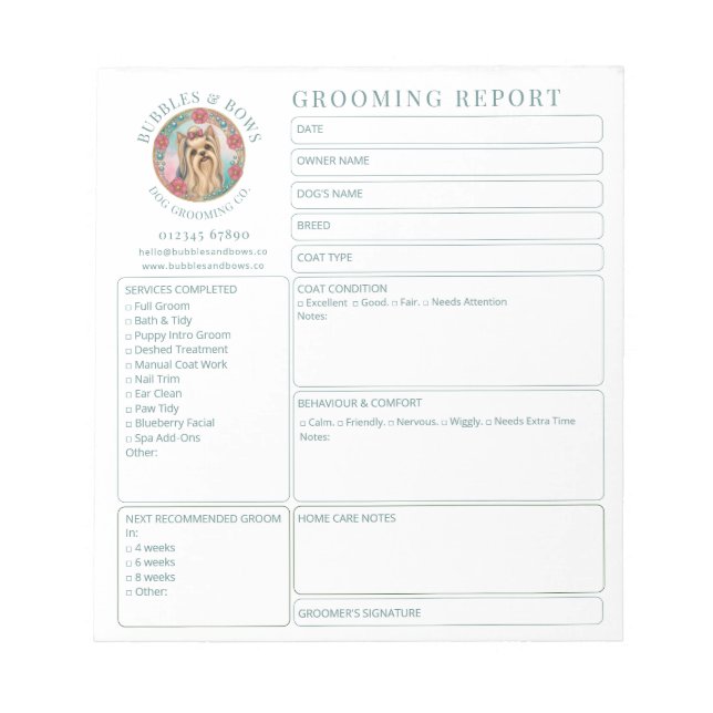 Yorkshire Terrier Grooming Salon Report Notepad (Front)