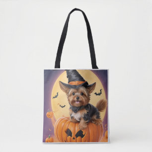 Yorkshire terrier halloween pumpkin tote bag