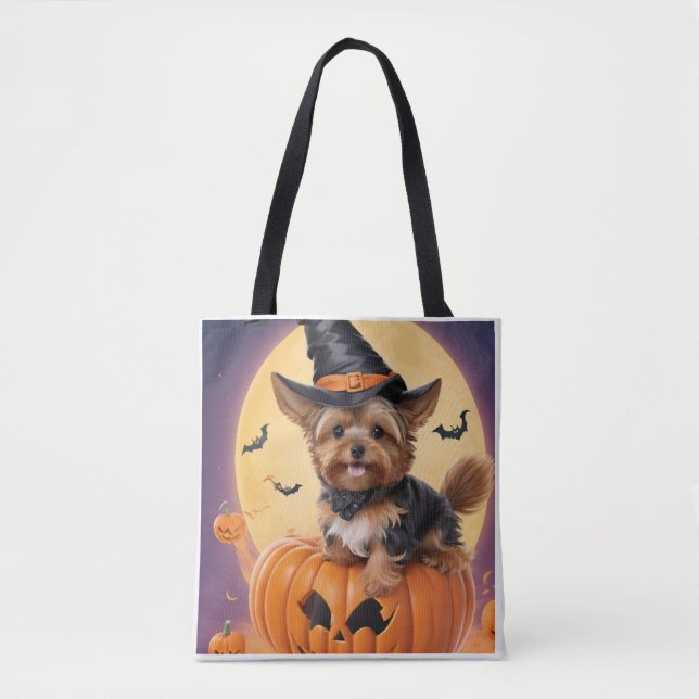 Yorkshire terrier halloween pumpkin tote bag (Front)