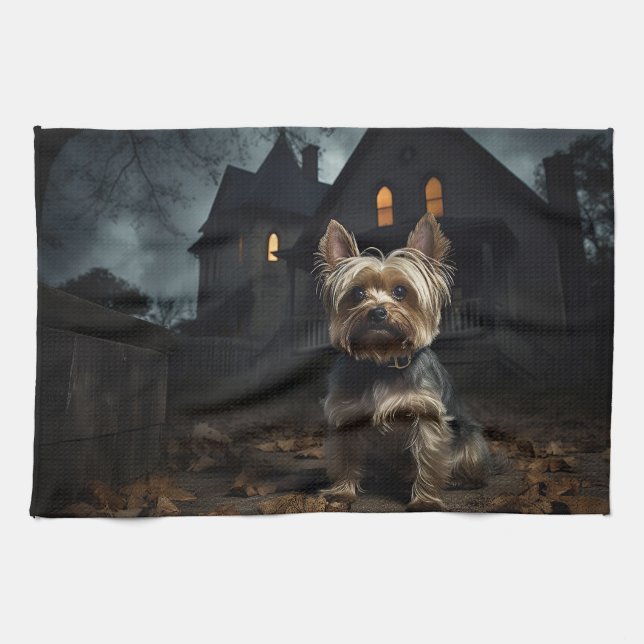 Yorkshire Terrier Halloween Scary  Tea Towel (Horizontal)