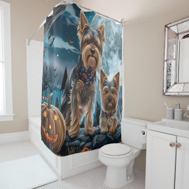 Yorkshire Terrier Halloween Spooky Shower Curtain (In Situ)