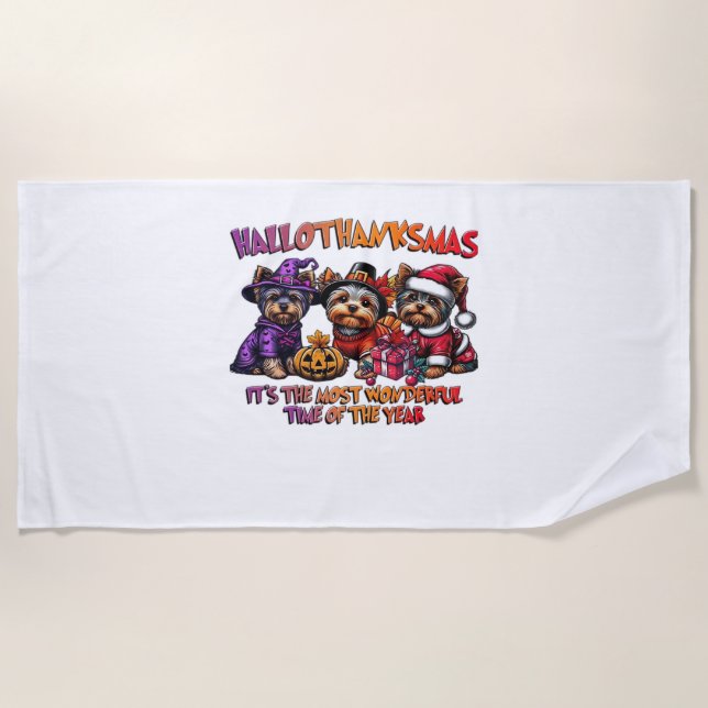 Yorkshire Terrier Halloween Thanksgiving Christmas Beach Towel (Front)
