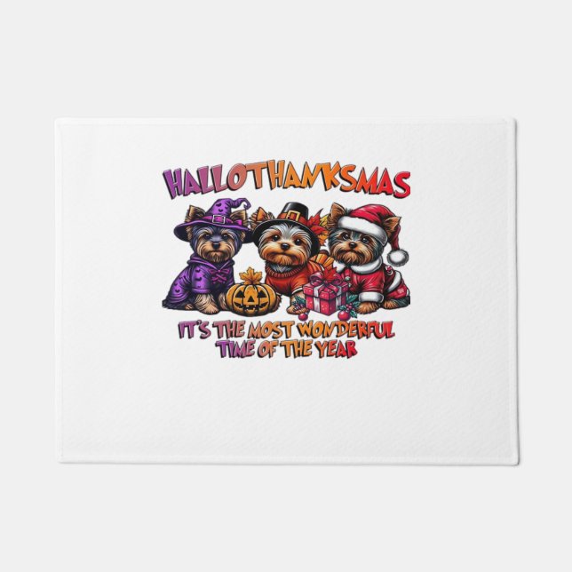 Yorkshire Terrier Halloween Thanksgiving Christmas Doormat (Front)