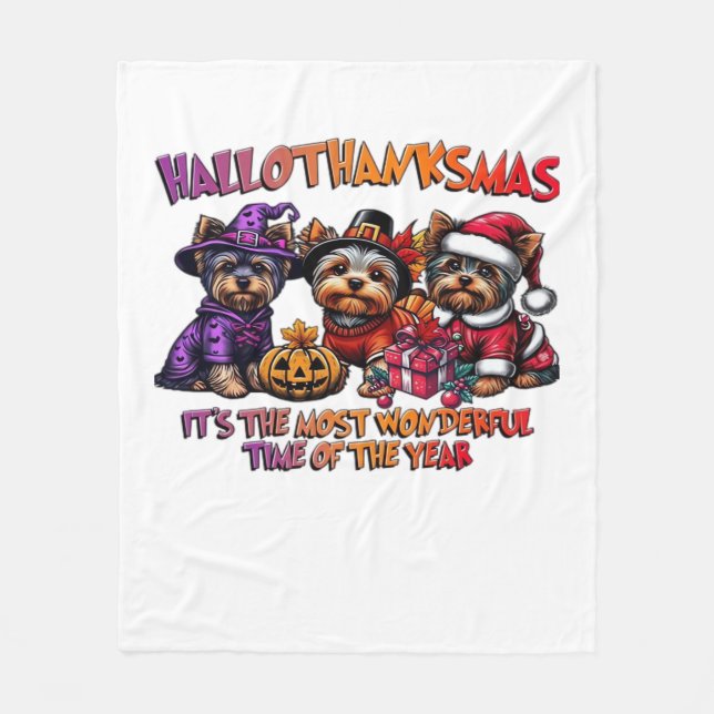 Yorkshire Terrier Halloween Thanksgiving Christmas Fleece Blanket (Front)