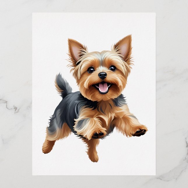 Yorkshire Terrier Happy Playful Fun Jumping Joyful Foil Holiday Postcard (Front)