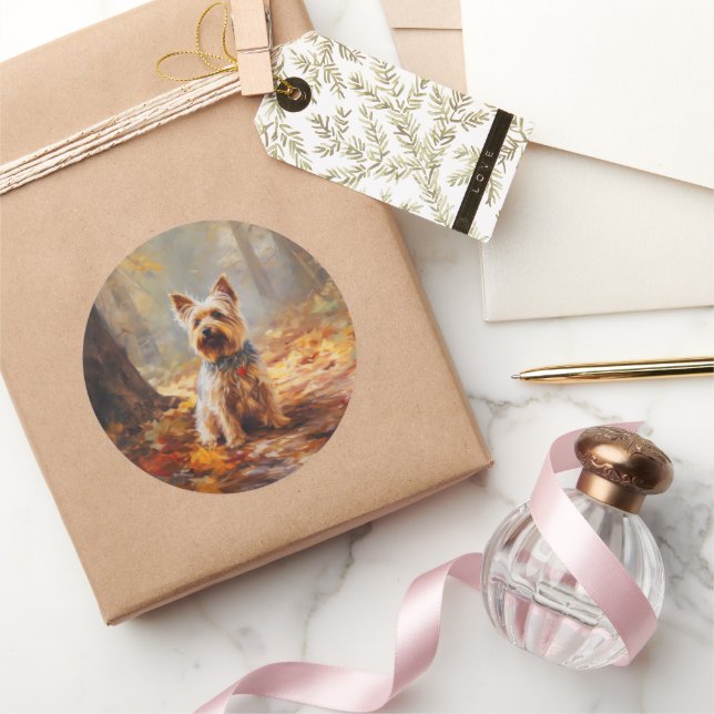 Yorkshire Terrier in Autumn Leaves Fall Inspire  Classic Round Sticker (Gifting)