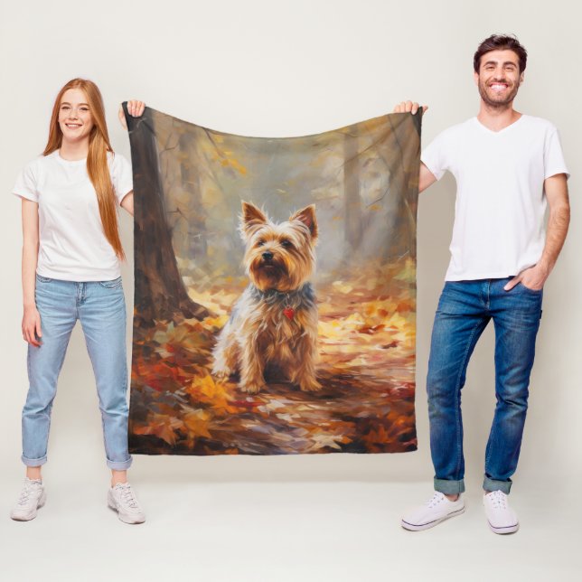 Yorkshire Terrier in Autumn Leaves Fall Inspire  Fleece Blanket (In Situ)
