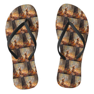 Yorkshire Terrier in Autumn Leaves Fall Inspire Flip Flops