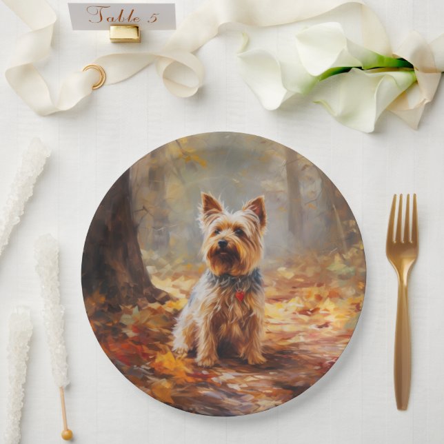 Yorkshire Terrier in Autumn Leaves Fall Inspire  Paper Plate (Wedding)