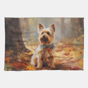 Yorkshire Terrier in Autumn Leaves Fall Inspire Tea Towel