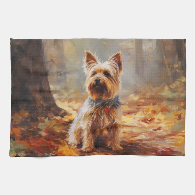 Yorkshire Terrier in Autumn Leaves Fall Inspire  Tea Towel (Horizontal)