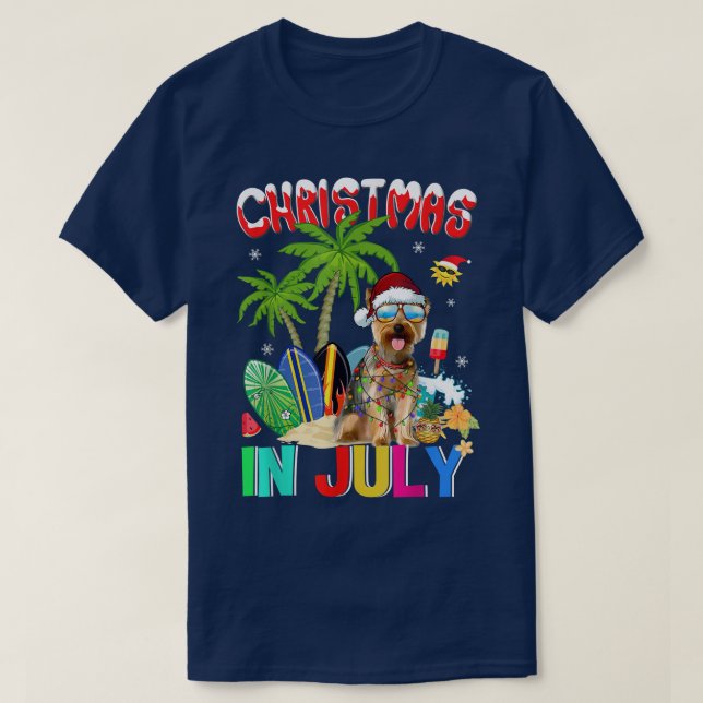 Yorkshire Terrier in Santa Hat Sunglasses Christma T-Shirt (Design Front)