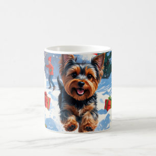 Yorkshire Terrier in Snow with Christmas Hat Coffee Mug