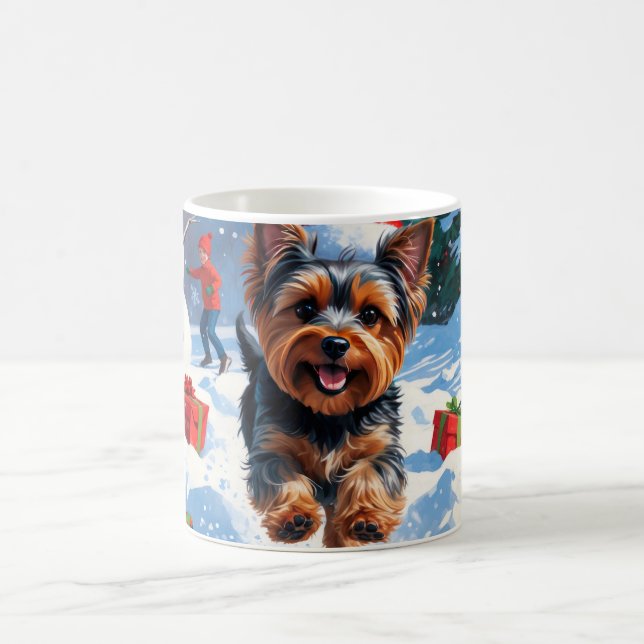 Yorkshire Terrier in Snow with Christmas Hat Coffee Mug (Center)