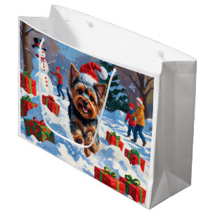 Yorkshire Terrier in Snow with Christmas Hat Large Gift Bag