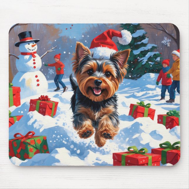 Yorkshire Terrier in Snow with Christmas Hat Mouse Mat (Front)