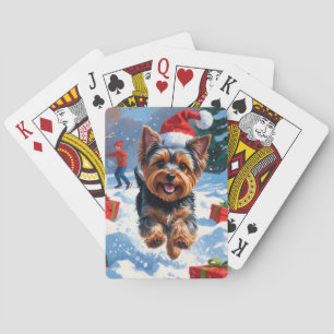 Yorkshire Terrier in Snow with Christmas Hat Playing Cards