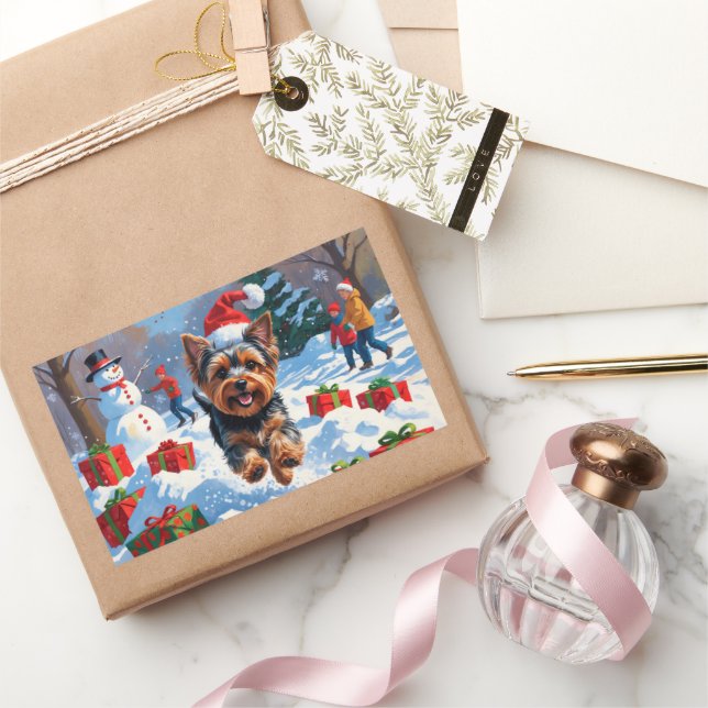 Yorkshire Terrier in Snow with Christmas Hat Rectangular Sticker (Gifting)