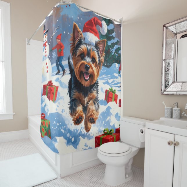 Yorkshire Terrier in Snow with Christmas Hat Shower Curtain (In Situ)
