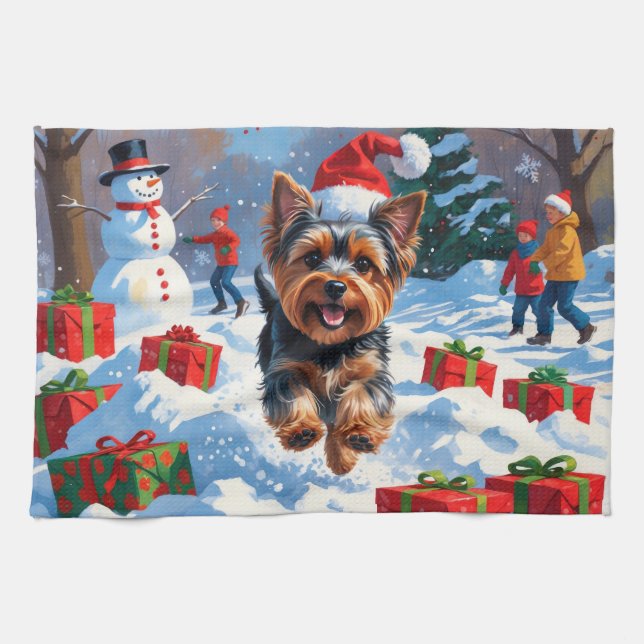Yorkshire Terrier in Snow with Christmas Hat Tea Towel (Horizontal)