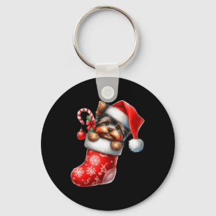 Yorkshire Terrier In Sock Christmas Santa Hat Xmas Key Ring