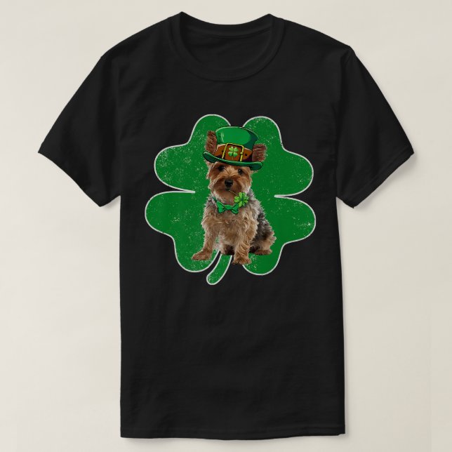 Yorkshire Terrier Leprechaun Hat & Shamrock St Pat T-Shirt (Design Front)