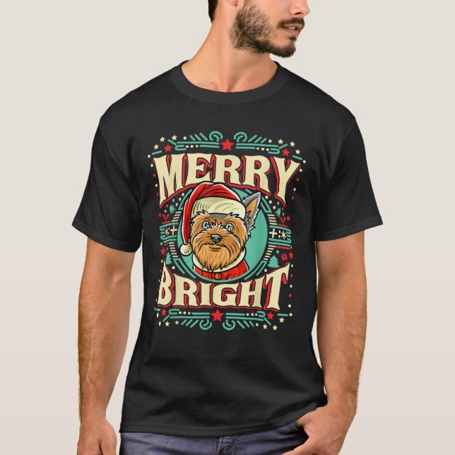 Yorkshire Terrier Merry Bright Christmas Santa Cla T-Shirt (Front)