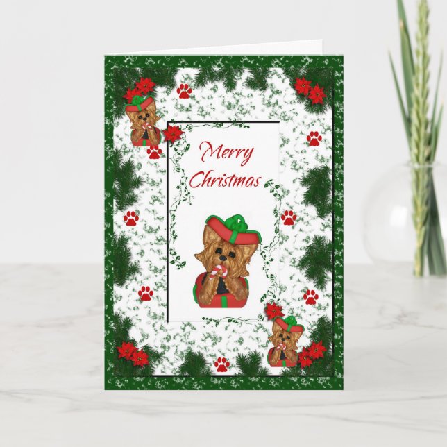 Yorkshire Terrier Merry Christmas Holiday Card (Front)