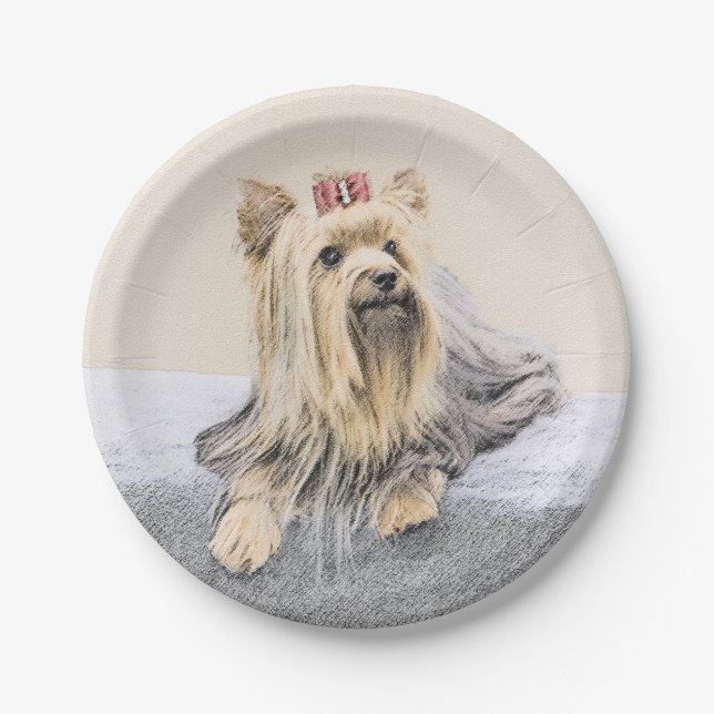 Yorkshire Terrier Painting - Cute Original Dog Art Paper Plate (Front)