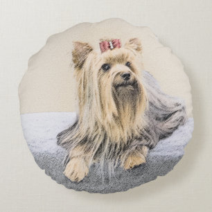 Yorkshire Terrier Painting - Cute Original Dog Art Round Cushion