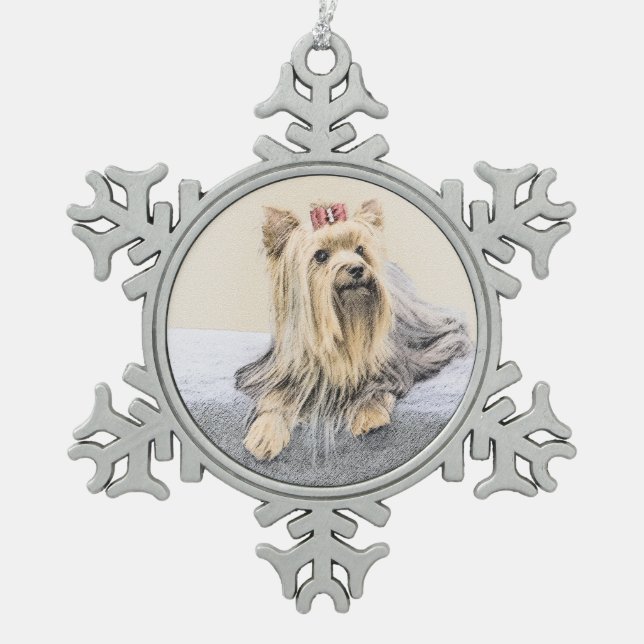Yorkshire Terrier Painting - Cute Original Dog Art Snowflake Pewter Christmas Ornament (Front)