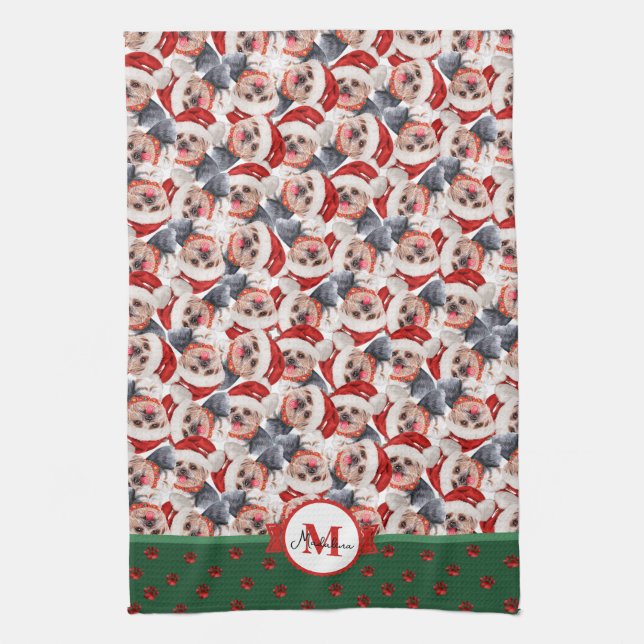Yorkshire Terrier Pattern Monogram Christmas Dog Tea Towel (Vertical)