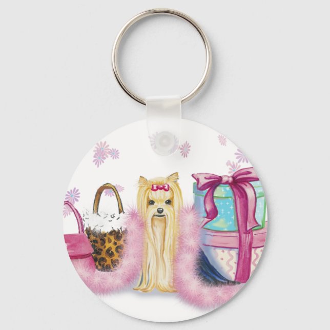 Yorkshire Terrier Pink Feather Boa Key Chain (Front)