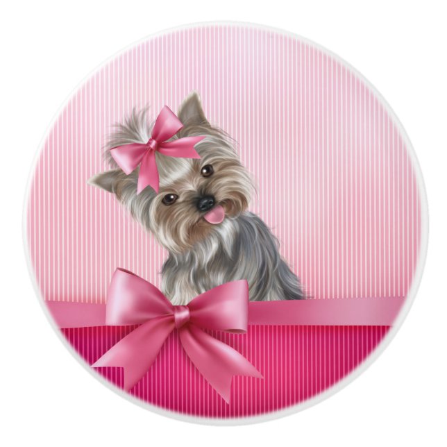 Yorkshire Terrier Pink Princess Yorkie Puppy Dog Ceramic Knob (Front)