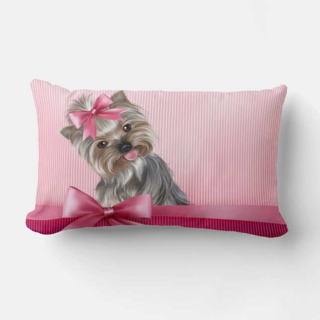 Yorkshire Terrier Pink Princess Yorkie Puppy Dog Lumbar Cushion (Front)