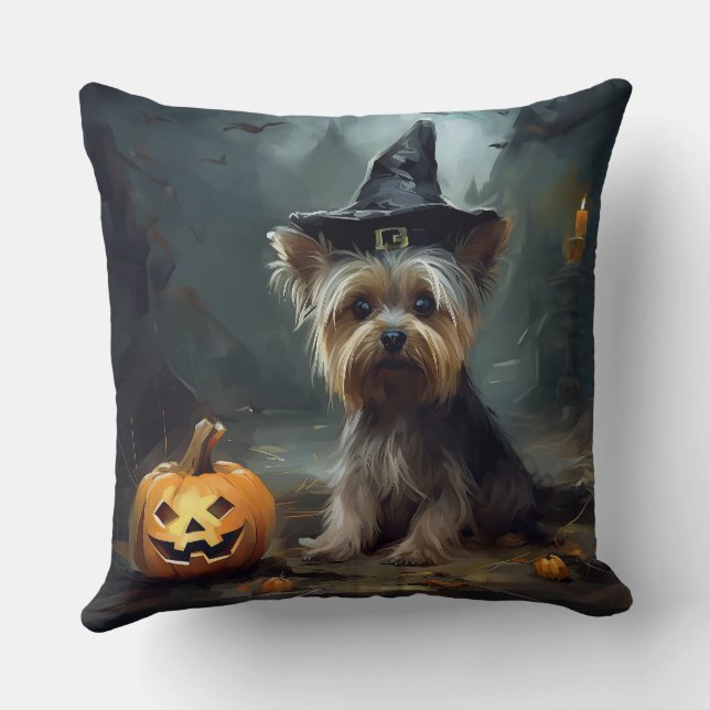 Yorkshire Terrier Pumpkins Halloween Scary  Cushion (Back)