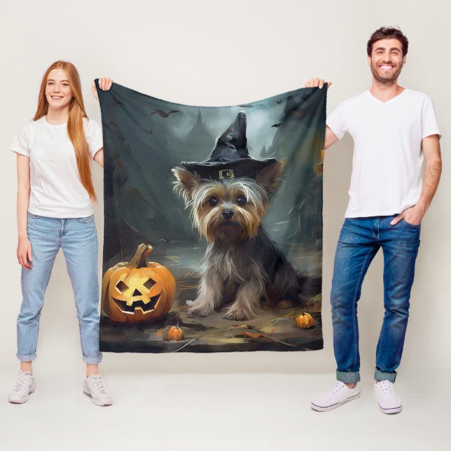 Yorkshire Terrier Pumpkins Halloween Scary  Fleece Blanket (In Situ)